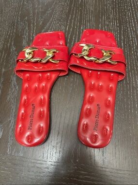 Pierre Dumas Red Slide Sandals with Gold Chain Accent